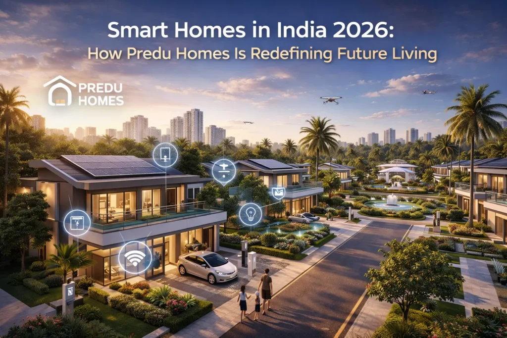 Futuristic smart homes in India, 2026, showcasing Predu Homes’ vision of modern living with solar-powered villas, smart automation, green landscapes, and connected technology. A perfect blend of comfort, sustainability, and innovation shaping the future of Indian housing.